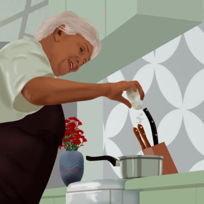 Mujer mayor cocinando - Ilustración Ivanna Balzán